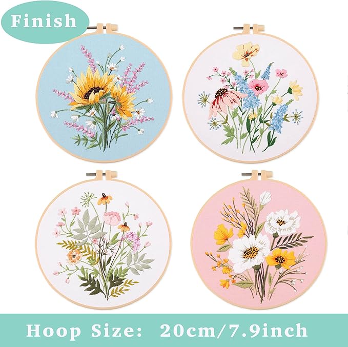 4pcs embroidery kits for beginners, including printed embroidery cloth with flower patterns, 2 plastic embroidery rings, 1 pair of scissors, colored threads, needles and an embroidery instructions