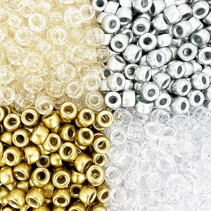 MIIIM 1000PCS 6x9mm Golden and Silver Pony Beads Bulk, 4 Styles Golden Silver and Glitter Kandi Beads for Bracelets Making Kit, Hair Braids Crafts for Jewelry Making (Golden and Silver)