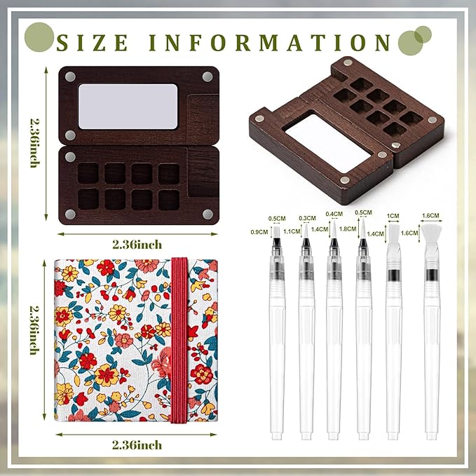 Qilery Mini Portable Watercolor Palette Set Wooden Grid Paint Box Watercolor Paper Sketch Book Brush Pens with Binder Clip for Painters Artist Not Include Paint(Red Flowers)