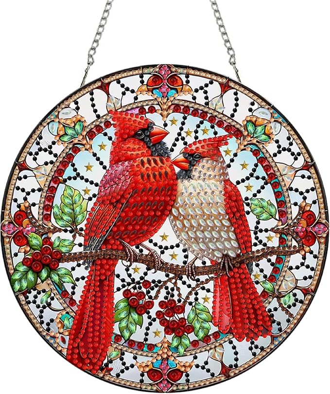STGLCR Diamond Painting Cardinal Ornament 5D Bird Wreath DIY Diamond Art Animal Handmade Pendant Mosaic Making Kits by Number Kits Home Decoration Pendant Single Sided Spot Drill Double Sided Pattern