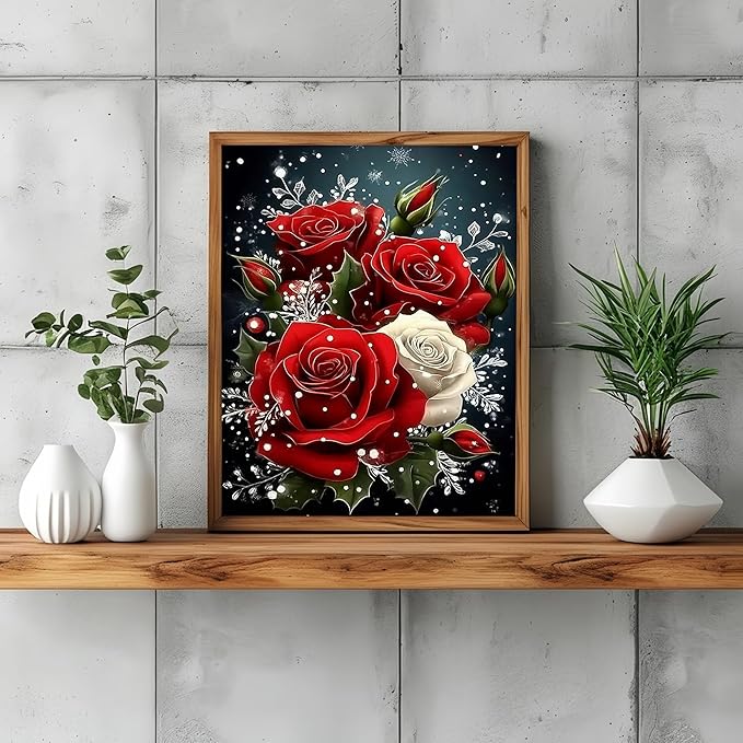 Diamond Art Kits for Adults Elegant Red Roses Snowflakes, DIY 5D Diamond Painting Kit for Beginners, Full Round Drill Gem Art Dots for Adults, Diamond Dots Paintings Crafts Home Wall Decor 12X16 Inch