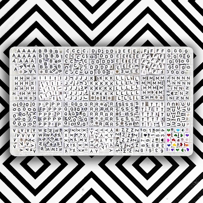 1120Pcs Square Acrylic 6x6mm Alphabet A-Z Letters Beads with Numbers Colorful Hearts Cube Beads for Phone Lanyard Friendship Bracelets Necklaces (White-1120-Organized)