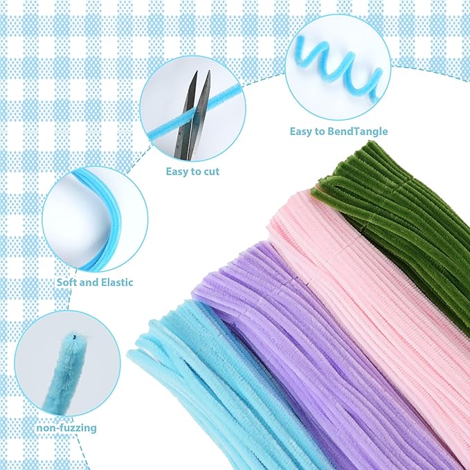 400 Pcs Thick Pipe Cleaners,Craft Supplies Floral Bonquet,DIY Flower Making Kit for Starter with Floral Wires, Gardening Tape,Stamen (Pink+Blue+Purple+Green)