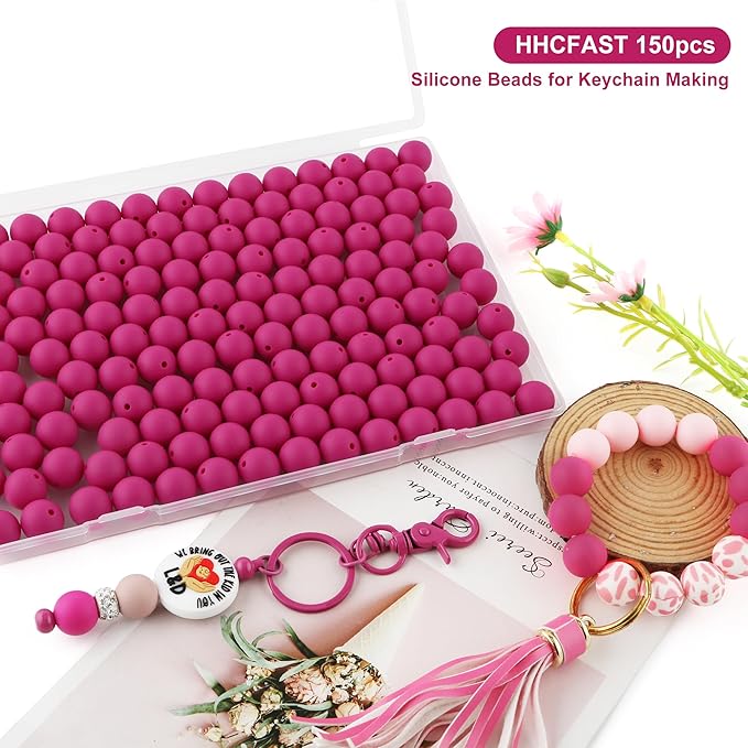 150Pcs 15mm Silicone Beads for Keychain Making Bracelet Necklace, Bulk Round Silicone Beads for Pens（Violet Red）