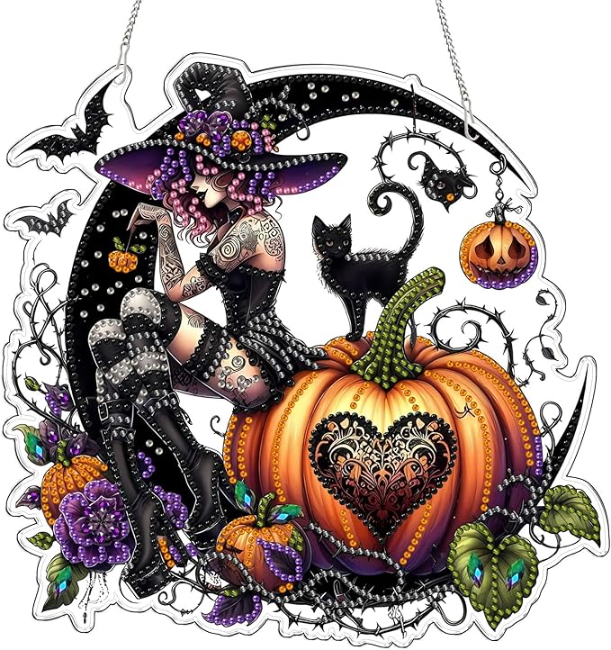 VODAPYC Halloween Witch Diamond Art Hanging Kit for Adults, DIY Double Sided Special Shaped Diamonds Art Window Pendant Ornament for Home Decor(Halloween Witch)