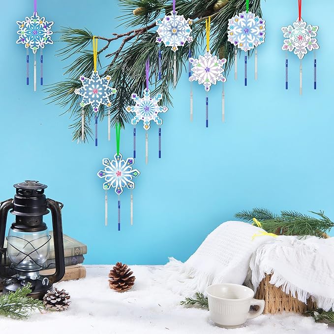 JellyArch 30 Pack Winter Snowflake Wind Chime Making Kit for Adults Make Your Own Wind Chime DIY Crafts Wooden Ornaments for Winter Activity Birthday Decoration