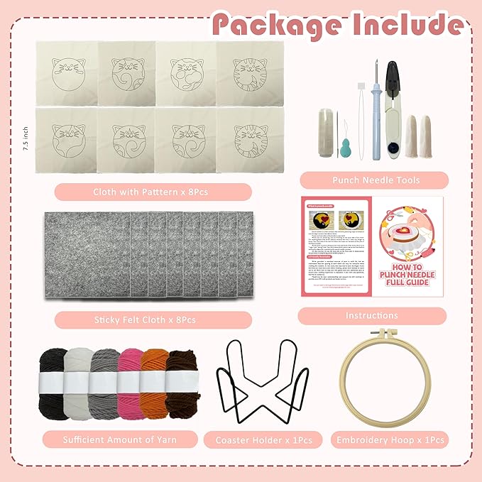 Punch Needle Kit for Beginners Adults Easy Needle Punch Embroidery Tool Set Including Threader Instruction Fabric Hoop Yarn Coaster DIY Making Kit Supplies,Set of 8 Cat Cute Pet Art Crafts Gifts