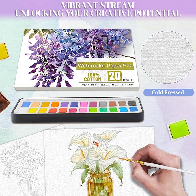 Vashly Watercolor Coloring Book Kit for Adults - Complete 24-Color Paint Set with Brush, 8.3"x5.8" Premium 100% Cotton Paper Pad, Beginner-Friendly Floral Art Therapy & Stress Relief Workbook