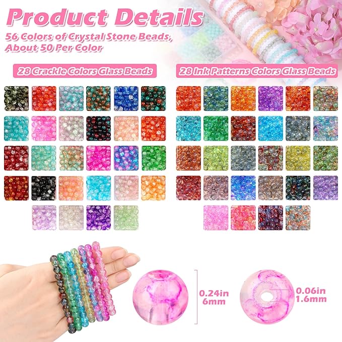 shynek 2800 6mm Glass Beads for Bracelets, 56 Colors Crystal Beads for Jewelry Making, Bracelet Making and DIY Crafts(28 Crackle Colors and 28 Ink Patterns Colors)