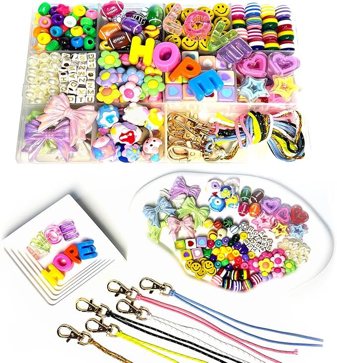 ROPIKIS Bead Keychain Making Kit - 540 PCS 8 Keychains Acrylic Beads Rugby Football/Heart Star Flower/Letter Alphabet Name for Key Chain Bag Charm Jewelry, Crafts Supplies Gift for Girl Women