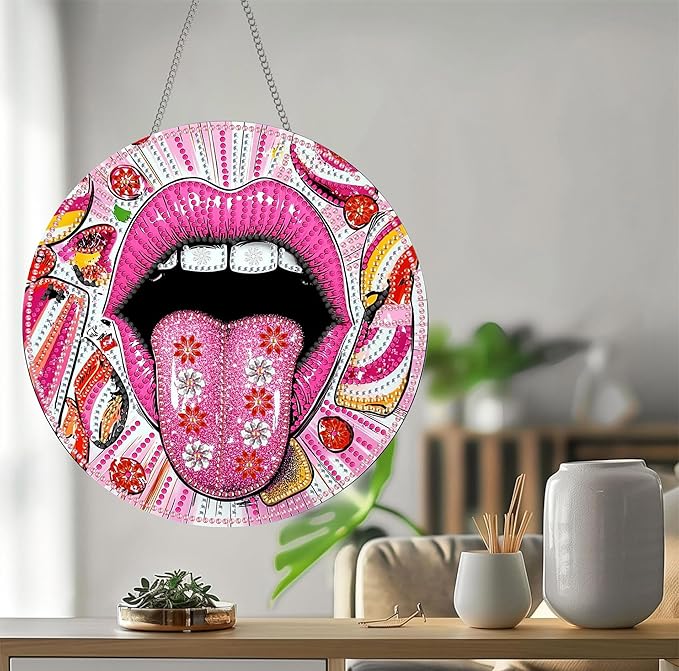 Bimkole Tongue Diamond Art Hanging Kit for Adult, DIY 5D Mouths Diamond Art Painting Window Pendant, Acrylic Crystal Art Hanging Ornament for Wall Home Garden Front Door Decor - 7.8x7.8 Inch