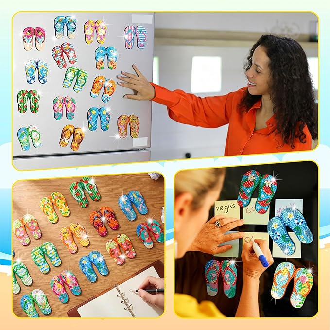 30 Pcs Summer Slipper Diamond Art Painting Magnets Fridge Magnetic Diamond Art Painting Kits Slippers Tropical Hawaiian Fridge Sticker Magnet DIY Craft for Adult Beginner Gifts Toy Home Office Decors