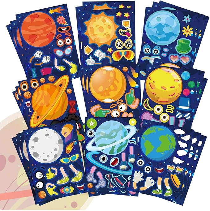 27 sheets space stickers make your own planet stickers games,easy to peel and stick,make a face outer space sticker for kids,9 planets solar system birthday party favor sticker for kids