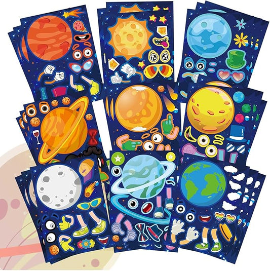 27 sheets space stickers make your own planet stickers games,easy to peel and stick,make a face outer space sticker for kids,9 planets solar system birthday party favor sticker for kids