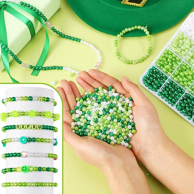 UPINS 1200Pcs St. Patrick's Day Green Pearl Beads,Irish Beads for Jewelry Making Party Decoration Necklace Bracelets Earrings Hair Beads DIY Crafts Supplies (4 Colors)