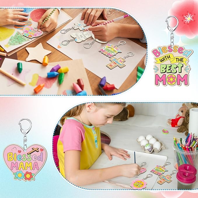 Trnayi 36 Pcs Mother's Day Crafts Color Your Own Religious Mother's Day Keychains DIY Unfinished Wooden Blessed Mom Keychains for Mom Sunday School Christian Party Home Activities Gifts