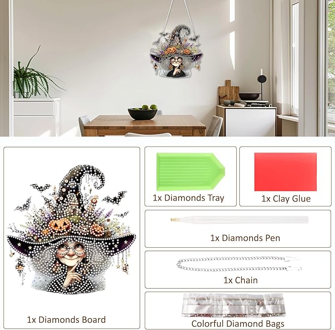 SENQAO Grandma Diamond Art Hanging Kits for Adults Kids, Acrylic Diamonds Painting Pendant Board Kits Halloween, Diamond Art Painting Window Pendants Home Garden Wall Hanging Kits Hanging Ornament
