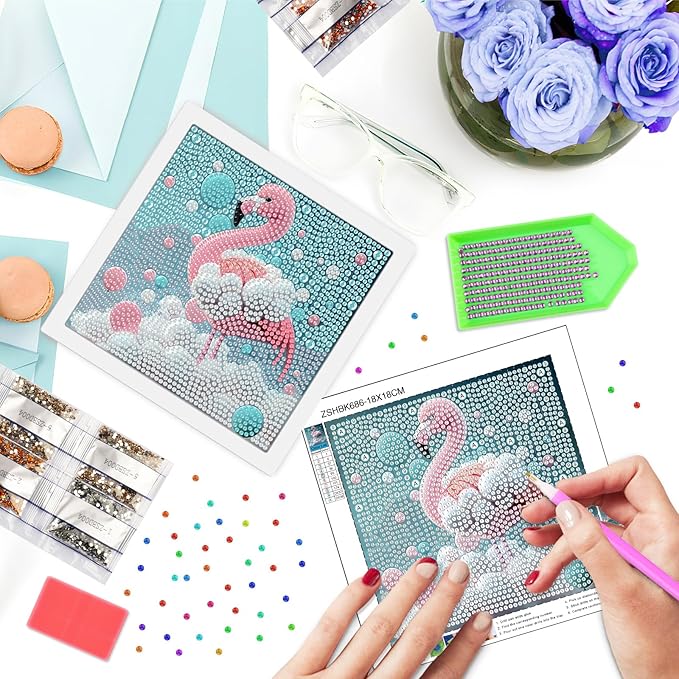 SENQAO Flamingo Diamond Art Kit for Adults with Frame Art and Crafts for Adults Ages 6-8 -10-12 Easy to DIY Diamond Art for Adults and Adult Beginners Home Wall Decoration 7.1x7.1inch