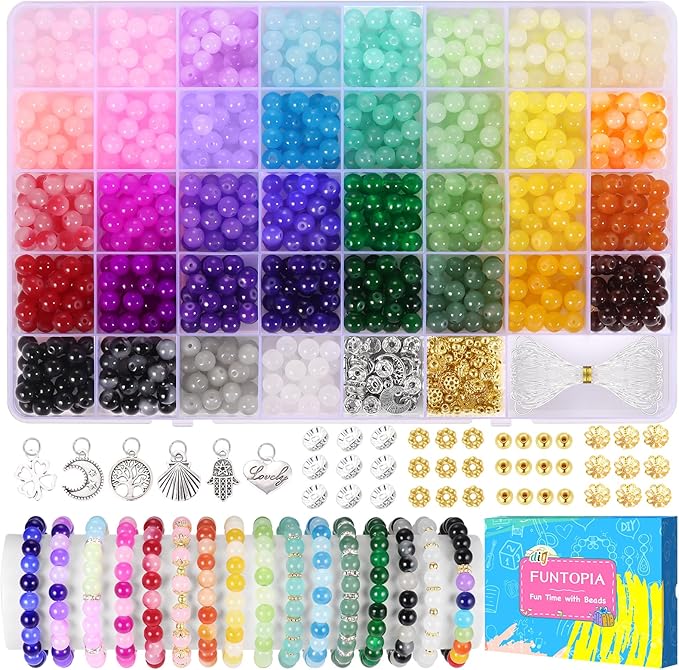 funtopia 8mm glass beads for bracelets, 36 colors crystal beads for jewelry making, 1061pcs bracelet making kit, round glass bead for diy earrings necklace crafts with spacer bead and charms