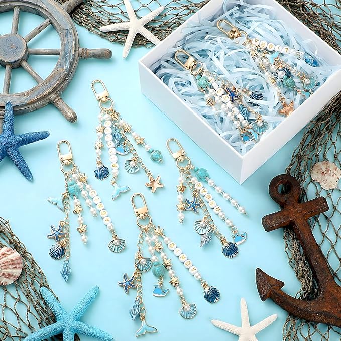 Cunno 776 Pcs Seashell Keychain Making Kit Ocean Beach DIY Craft Key Chain with Keychain Clip and Tool Accessories for Summer Backpacks Purse Tote Bag Crafts DIY Supplies (Fresh Style,Blue Gold)