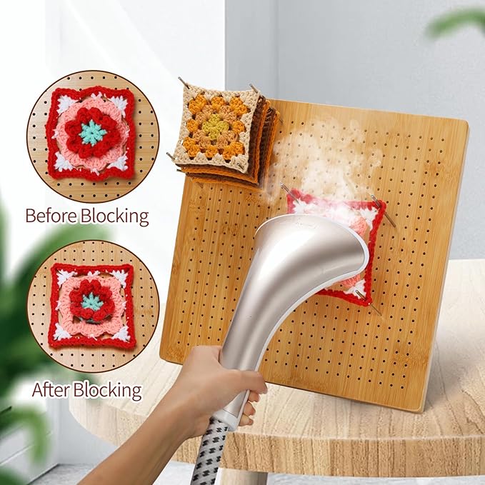 13”Crochet Blocking Board - Upgraded Style with 4 Tension Rods and 20 Pegs – Blocking Boards for Crochet Projects, Ideal for Granny Square Card Deck Users （Natural Colour）