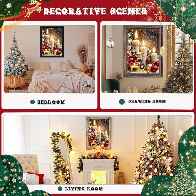 MUNORIAY Christmas Diamond Painting Kits for Adults, Christmas Candle Diamond Art Kits for Beginners, 5D DIY Xmas Full Drill Diamond Dots Gem Art Crafts Kits for Wall Home Decor 12x16 Inch