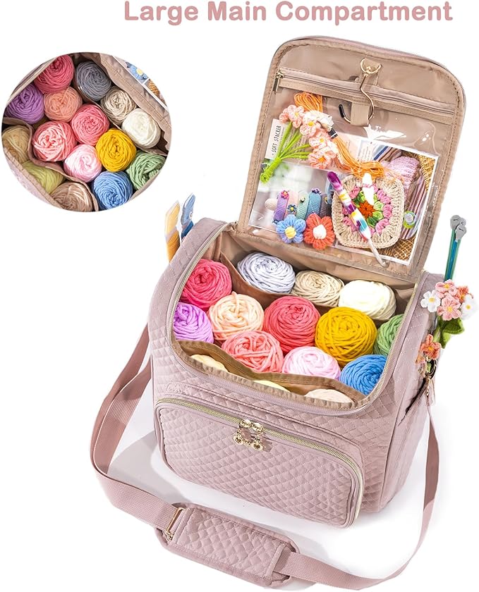 Crochet Bag Organizer - Quilted Storage Bag with Hanging Hook, Ideal for Knitting & Crochet Accessories