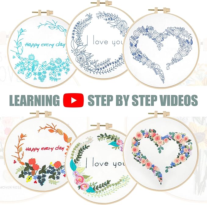 lx lermx embroidery kits for beginners, adult starter cross stitch kit needlepoint complete diy kit with unique patterns, hoop, colorful threads, tools, step by step instructions & video tutorial