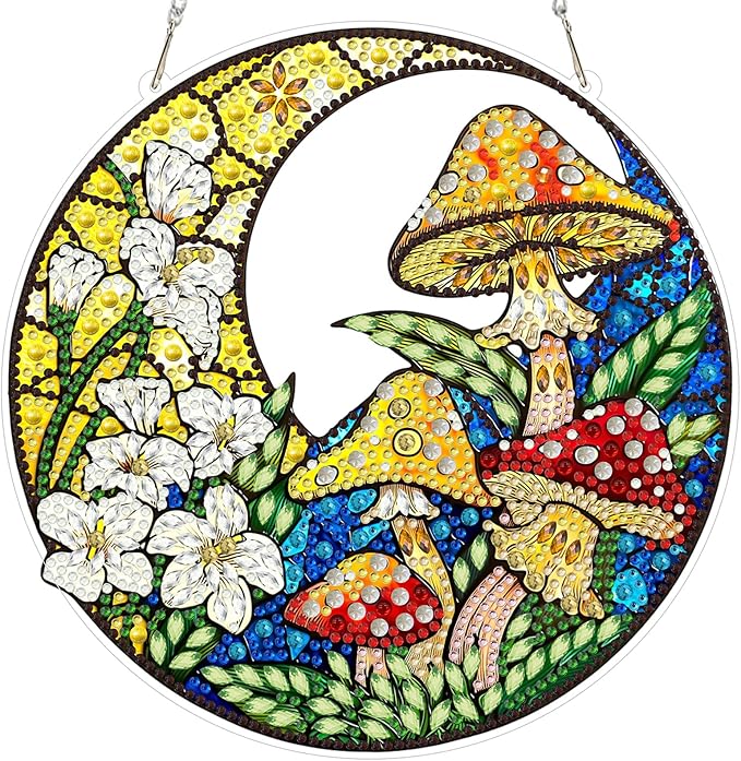 MXJSUA Moon Flower Mushroom Diamond Painting Art Window Suncatchers, Diamond Art Kits for Adults Hanging Ornaments with Chain, 5D Special Shape Crystal Diamond Pendant Accessories for Decor Gift