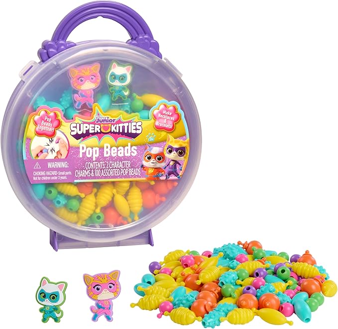 Disney Junior SuperKitties Pop Beads Jewelry Kit – 100 Pop Beads & 2 Character Charms, Easy Snap-On Necklace & Bracelet Craft Set for Kids Ages 3+