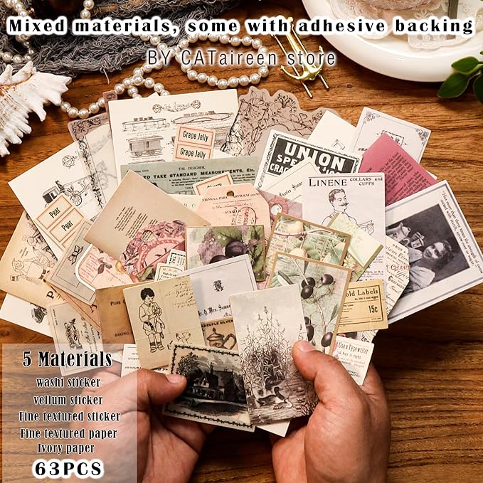 CATaireen Vintage Junk-Journal Mixed Paper Scrapbooking Embellishments Set Retro Journaling Decoupage Stickers Textured Packaging Decorative Cards Tags Kit (Old Photos 1)
