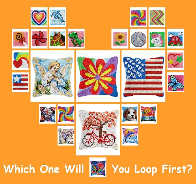 Manzapu Latch Hook Pillow Kits for Adults Beginner 17x17 inch - 43x43 cm Cute Small Shaggy Pillow Making Kits with Pre-Cut Yarn, Coded Canvas ＆ Crochet Hook Tool - Relaxing DIY Craft Gift