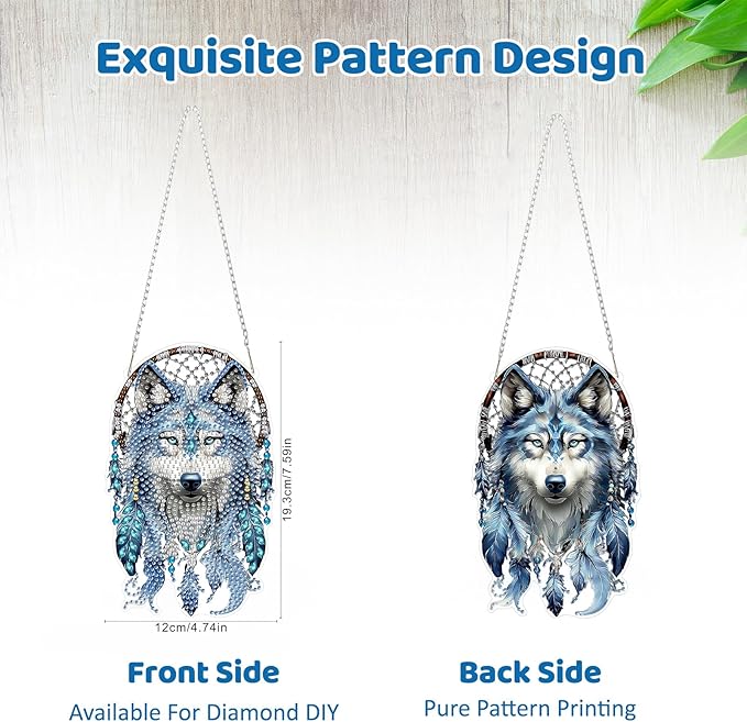 MEIYUDA Wolf Diamond Art Hanging Kits for Adult, Wolf Dreamcatcher Diamond Painting Hanging Kits Ornaments, DIY Special Shaped Rhinestone Window Pendants Kit for Home Garden Wall Decor Gift