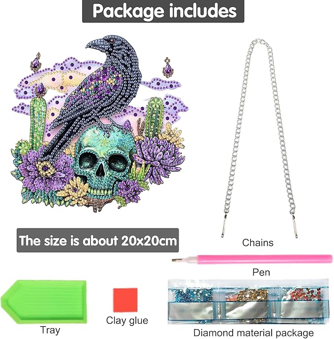 Bimkole Crow Diamond Art Hanging Kit for Adult, DIY 5D Skulls Diamond Art Painting Window Pendant, Acrylic Crystal Art Hanging Ornament for Wall Home Garden Front Door Decor - 7.8x7.8 Inch