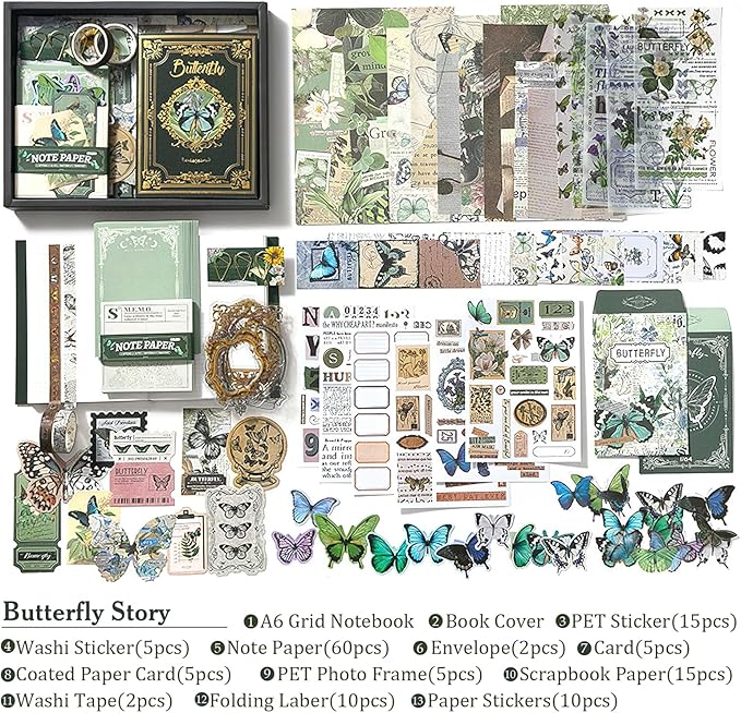 scrapbook supplies kit, vintage junk journaling supplies, scrapbooking kit with aesthetic ephemera stickers, stationary set, bullet journaling kit, collage craft supplies gift for adults women starter