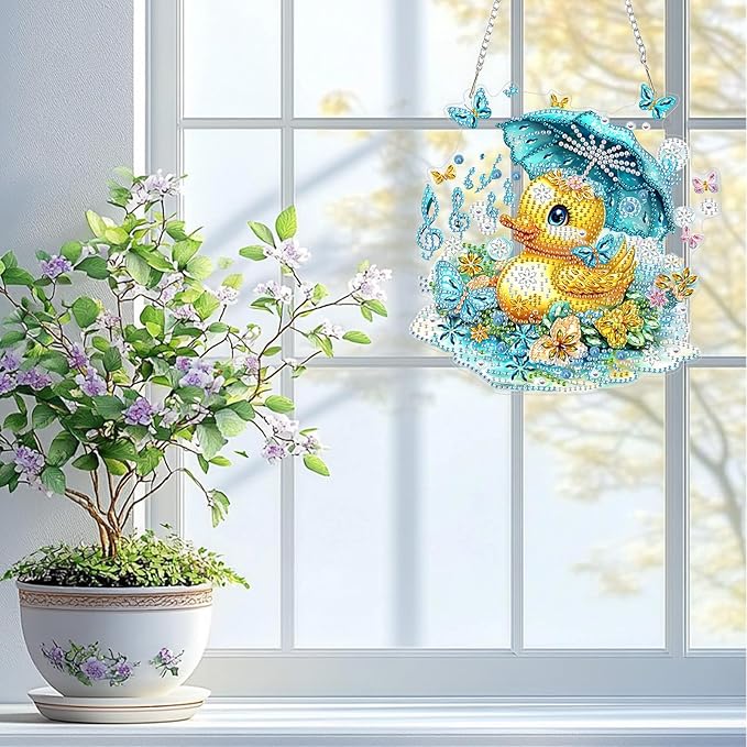 QENSPE Diamond Painting Art Hanging Kits for Adults, 5D Yellow Duck Diamond Paingting Ornaments with Chain, DIY Butterfly Crystal Window Pendants for Home Wall Decor Double Sided Gift 8X8 inch