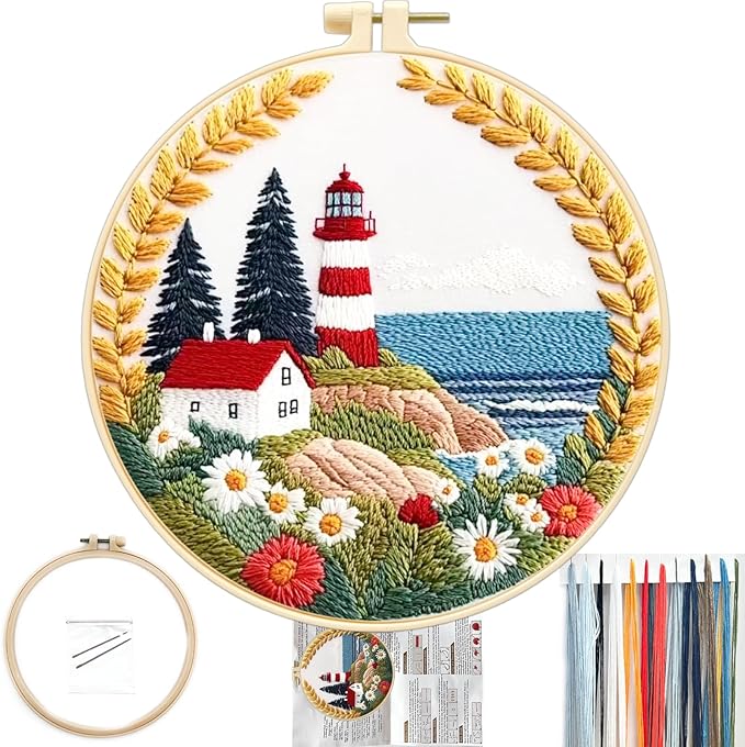 FONNUY Embroidery Kit for Beginners, Lighthouse Landscape Flowers Pre-Stamped Pattern Kits for Adults with Hoop, Easy to Follow Color Thread Needlework, 8'' Hoop (Daisy)