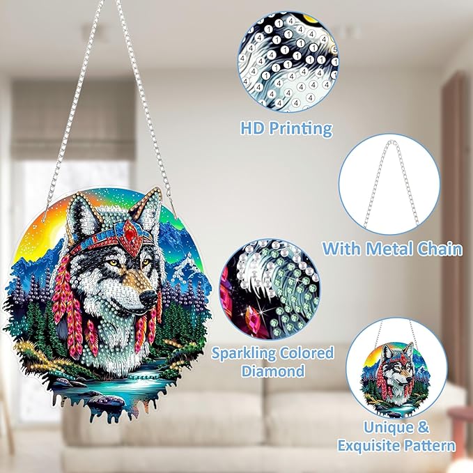 SENQAO Wolf Diamond Art Hanging Kit for Adult Mountain Landscape, 5D Special Shape Diamond Art Kits, Wolf Crystal Rhinestones Diamond Gem Art Painting for Home Garden Wall Decor