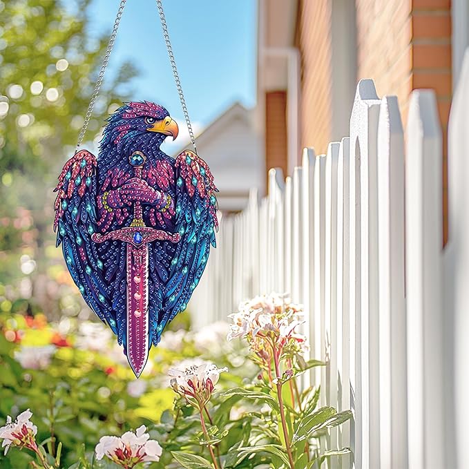 Wergund 5D DIY Eagle Diamond Art Hanging Kits, Hanging Diamond Art Bird, Acrylic Special Shaped Rhinestone, Window Hanging Pendants for Home Wall Garden Front Door Outdoor Decor Gift(Eagle)
