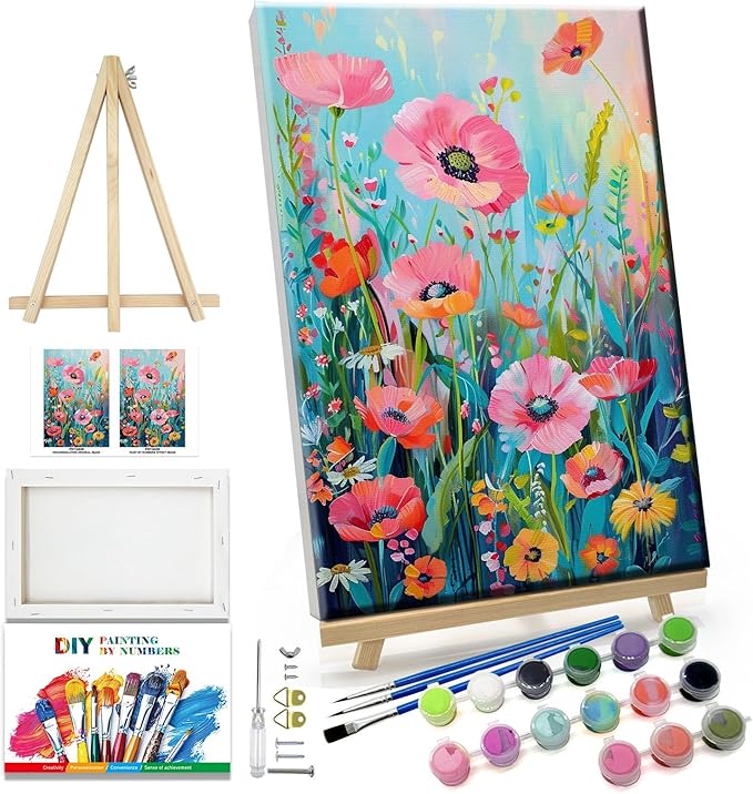 JOOZ Flower Paint by Number for Adults with Easel Paint by Numbers Kit with Frame for Adults Beginners on Canvas DIY Acrylic Painting Kit for Home Decor Gift 7.87x11.81 Inch
