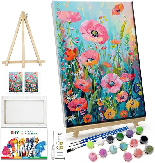 JOOZ Flower Paint by Number for Adults with Easel Paint by Numbers Kit with Frame for Adults Beginners on Canvas DIY Acrylic Painting Kit for Home Decor Gift 7.87x11.81 Inch