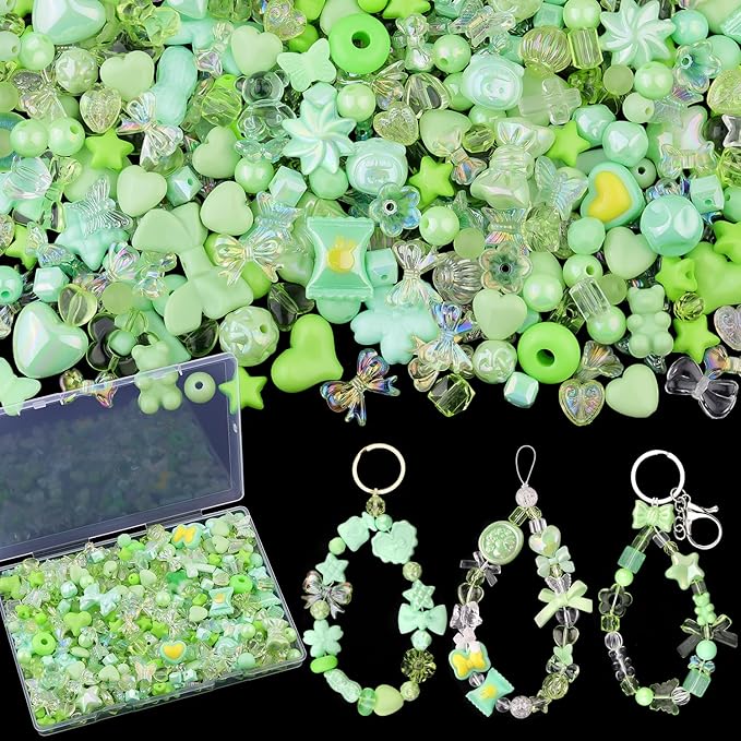 200-260PCS TINKRSTUFF Assorted Acrylic Beads Green Cute Beads for Bracelet Making, Bow Star Aesthetic Flower Butterfly GummyBear Kawaii Charms for Jewelry Necklace Making DIY Keychain Phone Charm
