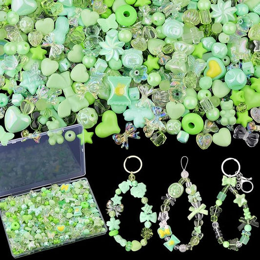 200-260PCS TINKRSTUFF Assorted Acrylic Beads Green Cute Beads for Bracelet Making, Bow Star Aesthetic Flower Butterfly GummyBear Kawaii Charms for Jewelry Necklace Making DIY Keychain Phone Charm