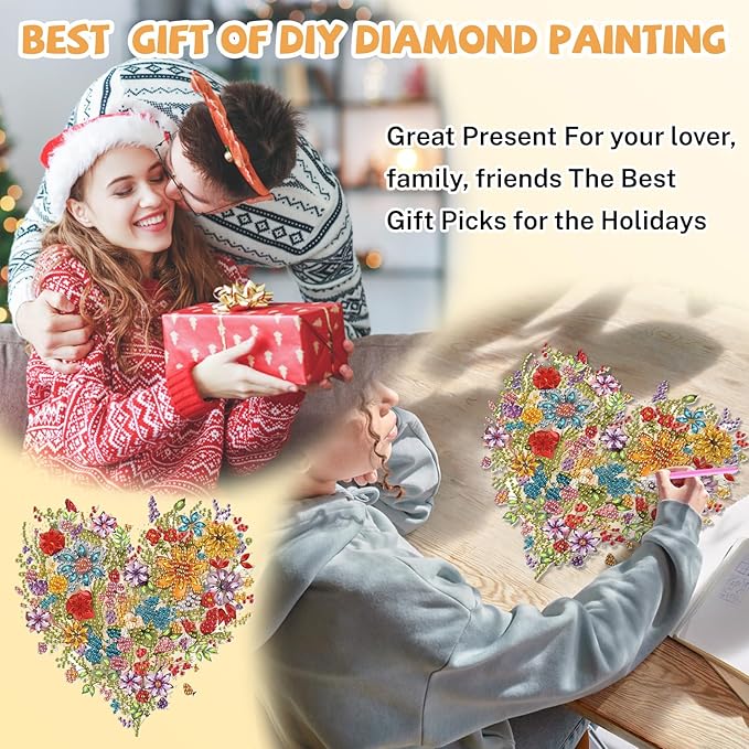 Heart-Shaped Flower Diamond Art Hanging Kits for Adults, Diamond Art Suncatchers Flowers, 5D Special Shape Diamond Painting Pendant Window Ornament Gifts for Home Wall Door Decor