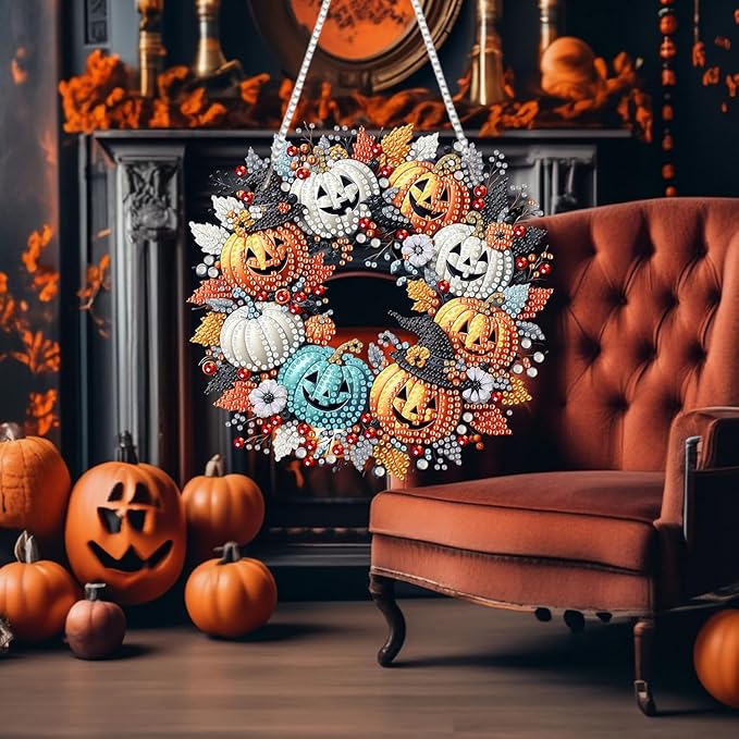 RYMILIE Diamond Art Hanging Kit for Adult,Special Shaped Rhinestone,Double Sided 5D DIY Acrylic Diamond Art Painting Window Pendants Home Garden Wall Hanging Kits Hanging Ornament (Halloween Pumpkin)