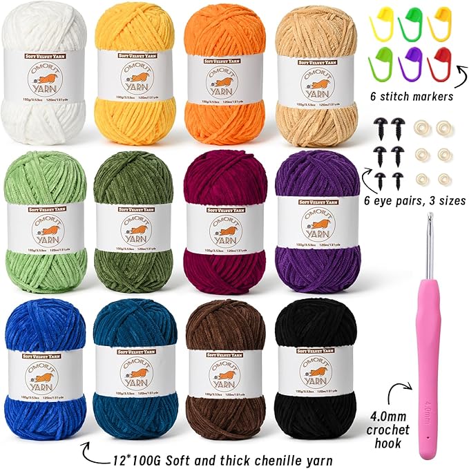 12 Skeins Fluffy Chenille Yarn for Crocheting, Soft Bulky Velvet Yarn for Knitting, Plush Baby Blanket Crochet Yarn, 1572 Yards Multicolor Amigurumi Yarns for Crafts Set E