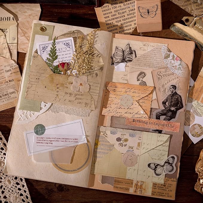 92 Pieces Mini Stationery Paper Envelopes and Sealing Sticker Set, 60 Vintage Writing Scrapbook Papers with 16 Matching Envelopes and 16 Round Seal Sticker