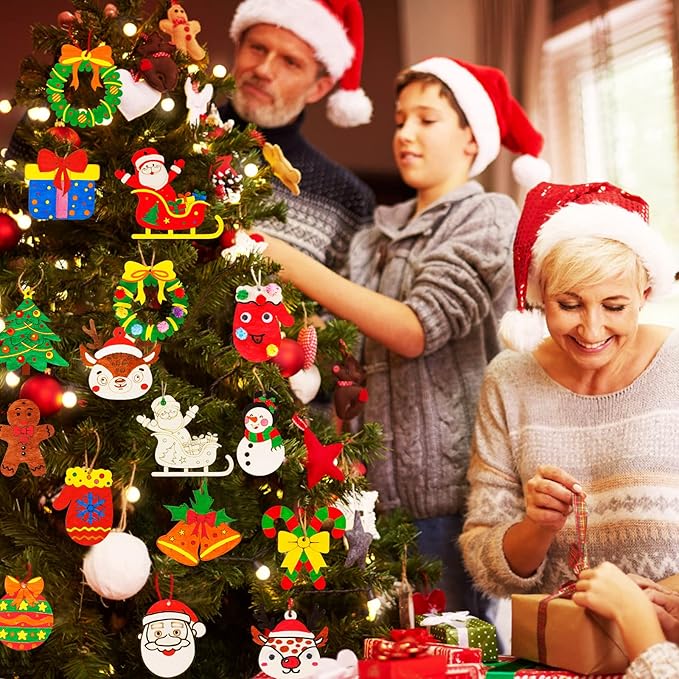 MGparty 60Pcs DIY Wood Slices, Wooden Christmas Ornaments Bulk for Crafts, Unfinished Paintable Wooden Hanging Decorations, Wood Kit for Crafts with 12 Coloured Pens and 60 Jingle Bells