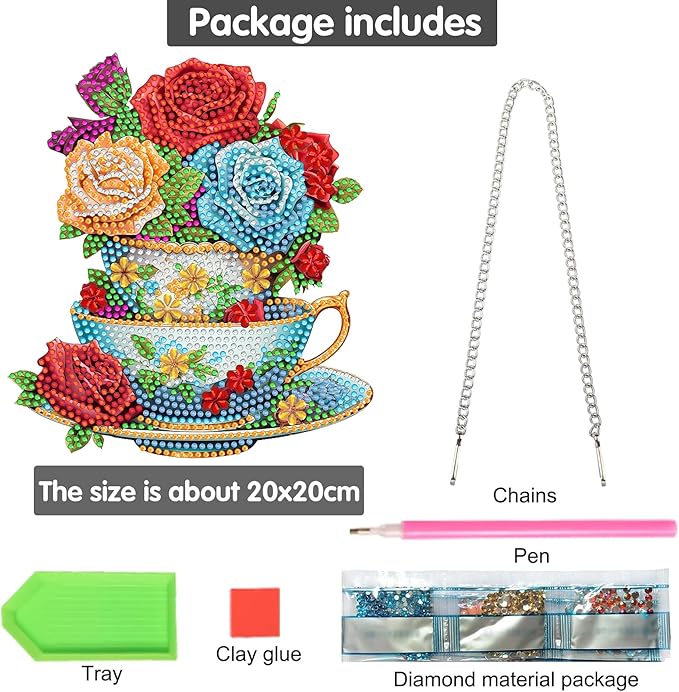 Bimkole Coffee Cup Diamond Art Hanging Kit for Adult, DIY 5D Diamond Art Flower Window Pendant, Acrylic Crystal Art Hanging Ornament Home Wall Garden Front Door Sign Outdoor Decor 7.8x7.8 Inch