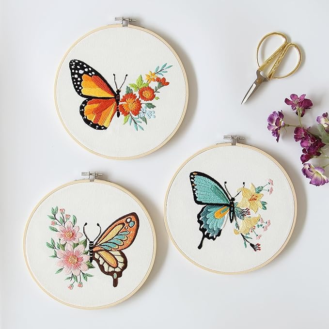 bonroy 4 sets embroidery set for beginners, art craft, easy sewing, includes embroidery clothing, pattern, embroidery hoop, instruction manual, colorful thread needles set (butterfly)